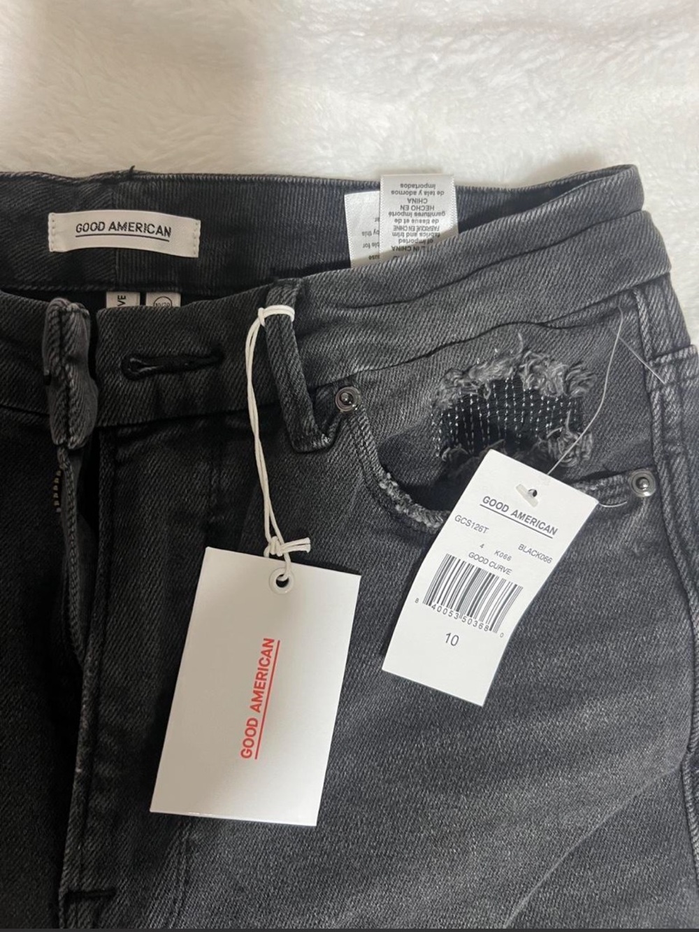 Good American Grey Black Washed Skinny Jeans with Distressed Detail
